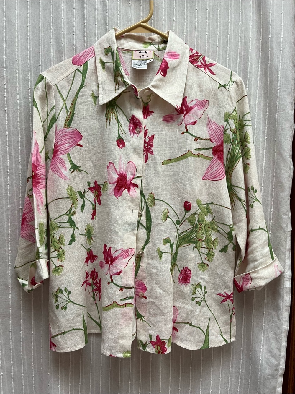 dandy by randi m Floral Linen Button Down Quarter Sleeve Blouse Size M